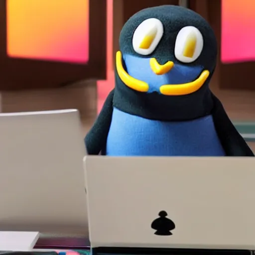 Prompt: pingu sitting behind a computer, bbc,, art, epic lighting, clay, claymation