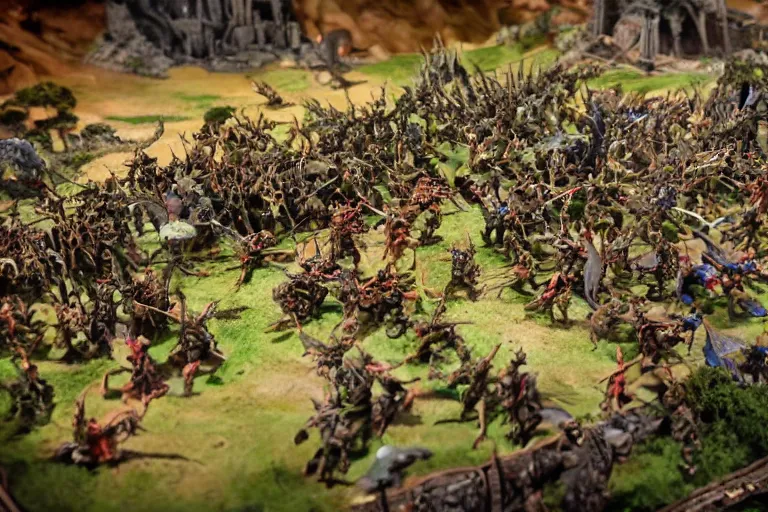 Prompt: photo taken of an epic intricate, ultra detailed miniature modular, battlefield diorama created by weta workshop, zoomed in shots focussing an army of high elves battling a horde of orcs, with highly detailed exquisitely painted 3 d printed characters, cinematic wide shot, photorealistic, sharp focus, f 0. 4, golden ratio, golden hour