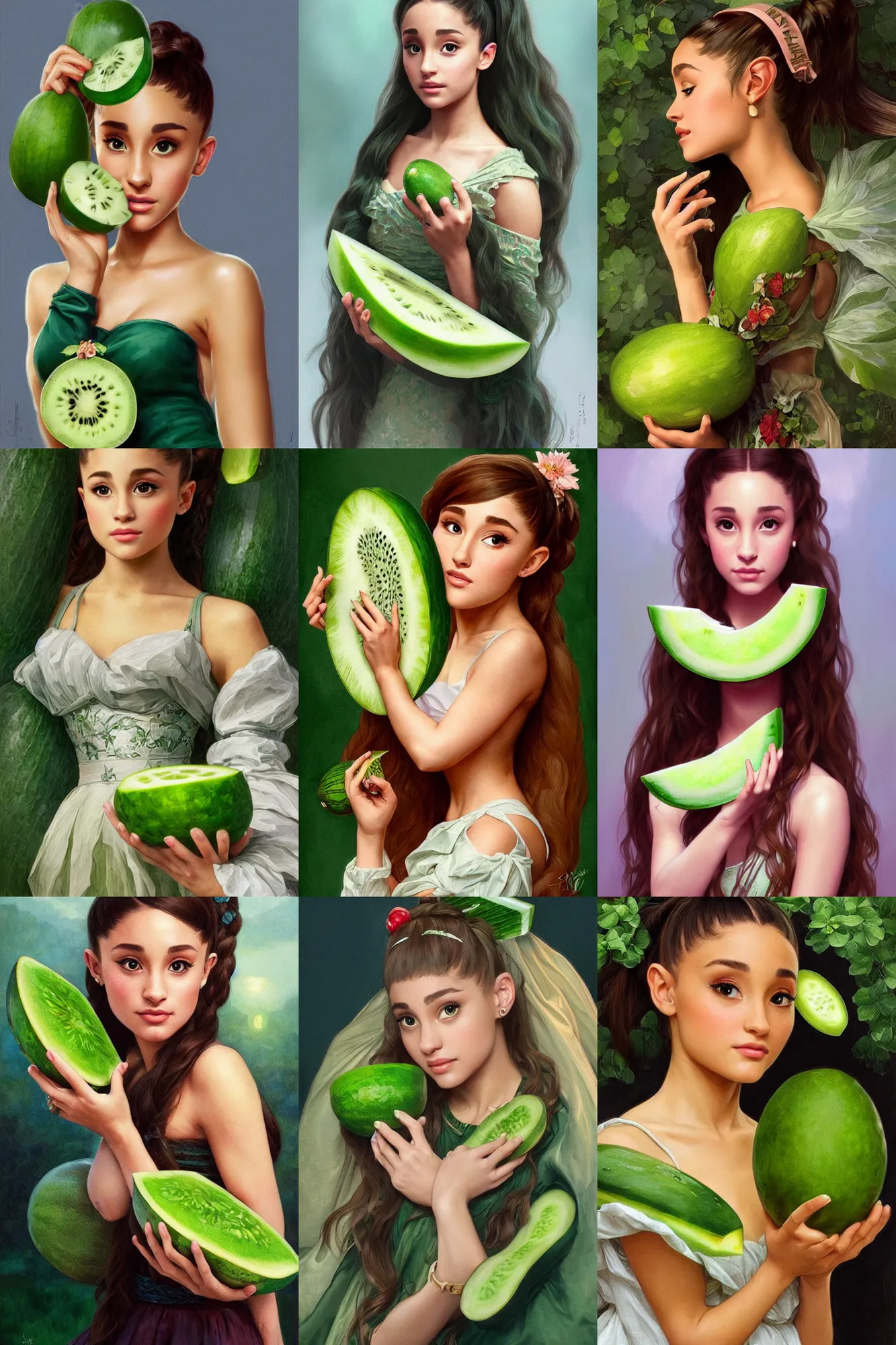 Prompt: beautiful cottagecore Ariana Grande holding a green watermelon, intricate, elegant, highly detailed, digital painting, artstation, concept art, smooth, sharp, focus, illustration, art by artgerm and greg rutkowski and alphonse mucha
