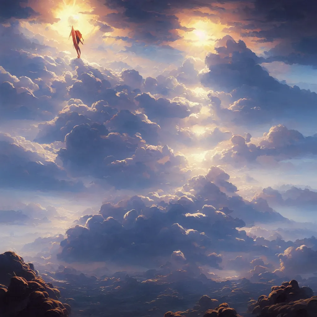 Image similar to a sending down [ of the revelation ] from him who created the earth and the lofty heavens, overdetailed art, by greg rutkowski, by rhads, sharp focus, god looking at me