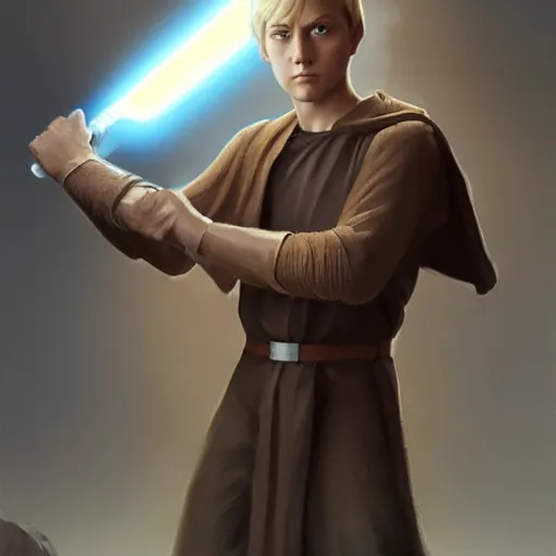 Prompt: full body Over-the-Shoulder Shot of a young blonde male jedi with short hair holding a lightsaber concept art by Doug Chiang cinematic concept art, realistic painting, high definition, digital art, matte painting, symmetrical, very detailed, realistic, dramatic lighting, cinematic, establishing shot, extremely high detail, photo realistic, cinematic lighting, post processed, concept art, artstation, matte painting, red color scheme, the Mandalorian concept art style