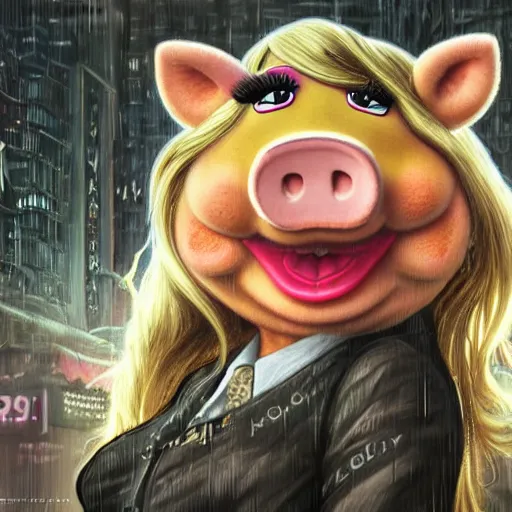 Prompt: highly detailed close up portrait of Miss Piggy ((Miss Piggy)) in the rainy streets of a cyberpunk dystopia, by Artgerm,Greg Rutkowski,Alphonse Mucha, 4k resolution, nier:automata inspired, bravely default inspired ((dystopian cyberpunk background))