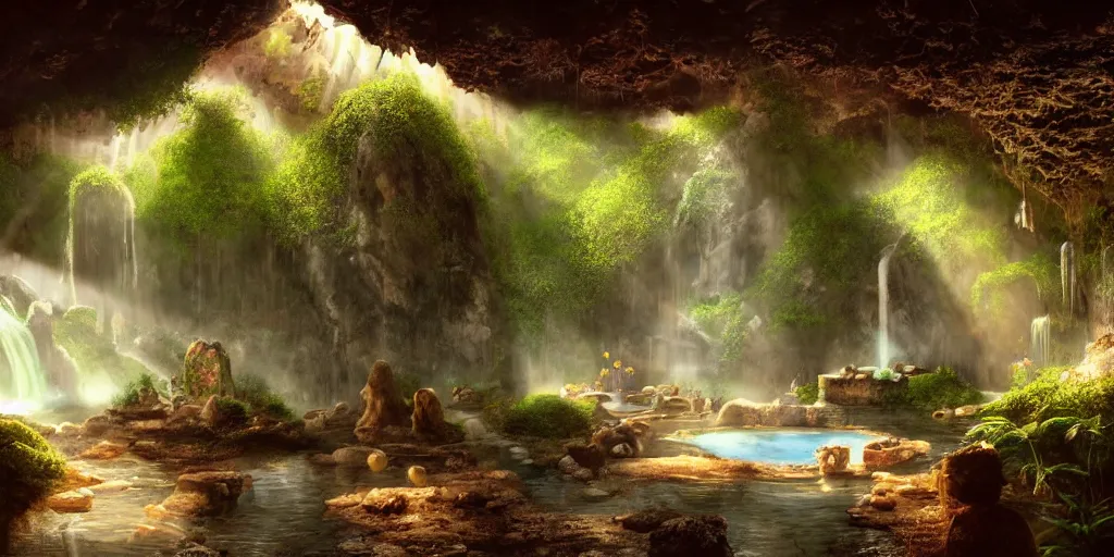 Image similar to detailed interior of cozy hotsprings hidden inside a cave, small waterfalls, lush vegetation, flowers, towels, plates of fruit, god rays, light shafts, stunning atmosphere, by gerald brom, cinematic lighting