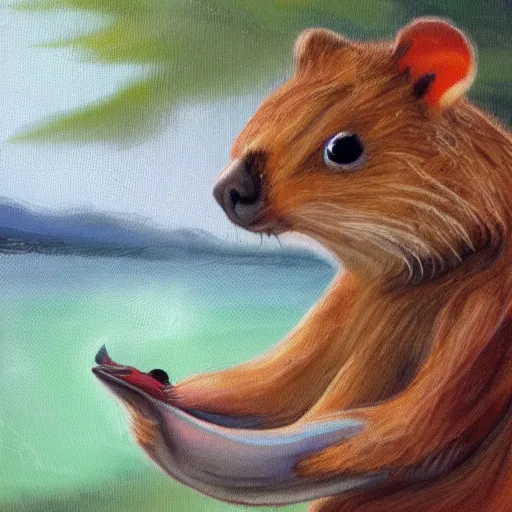 Prompt: quokka holding a mudskipper next to a river, painting