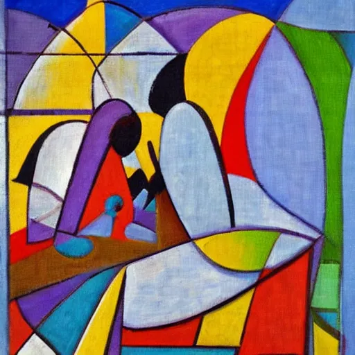 Prompt: the women sat by the seashore weaving the tapestry of life, abstract art in the style of cubism,