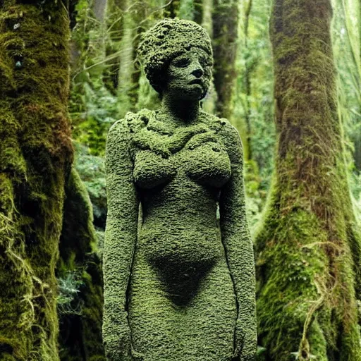 Image similar to A stone statue of a woman covered in vines and moss, hidden in the forest, absurdist art, trees