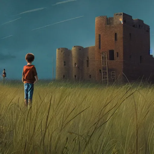 Prompt: a highly detailed matte painting of a kid standing in front of an abandoned walking fortress in a tall grass field, Simon Stalenhag, featured on Artstation