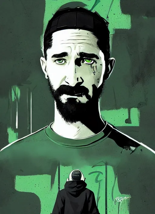 Image similar to highly detailed closeup portrait of creepy staring shia lebouf with motivational text by atey ghailan, by greg rutkowski, by greg tocchini, by james gilleard, by joe fenton, by kaethe butcher, gradient green, black and white color scheme, grunge aesthetic!!! ( ( graffiti tag wall background ) )