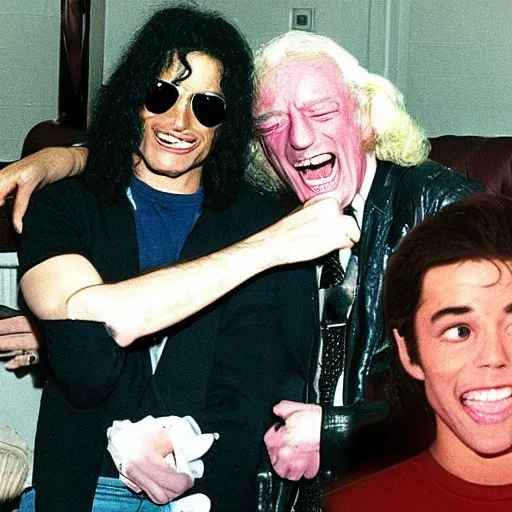 Image similar to jimmy saville and michael jackson laughing with reptilians