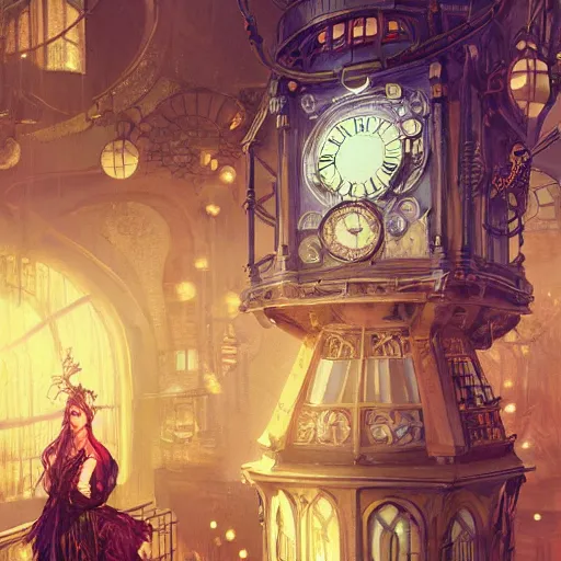 Image similar to ultra realistic illustration of steampunk magical fairy, clocktower, industrial, factory, magic spells, lenses, colorful lights, intricate, elegant, highly detailed, digital painting, artstation, concept art, smooth, sharp focus, illustration, art by artgerm and greg rutkowski and alphonse mucha