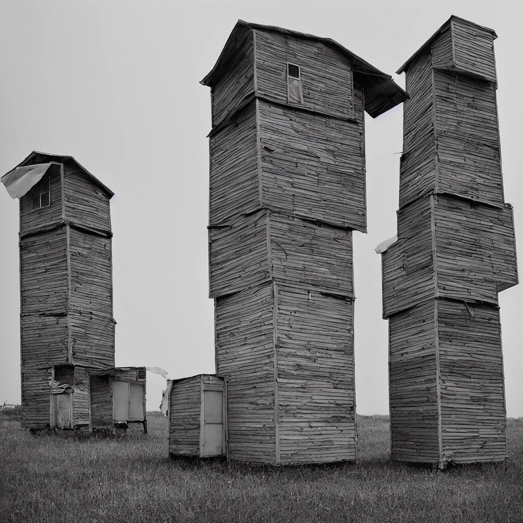 Image similar to two towers, made up of stacked makeshift squatter shacks with bleached colours, plain uniform sky at the back, misty, mamiya, shallow depth of field, ultra sharp, very detailed, photographed by julie blackmon