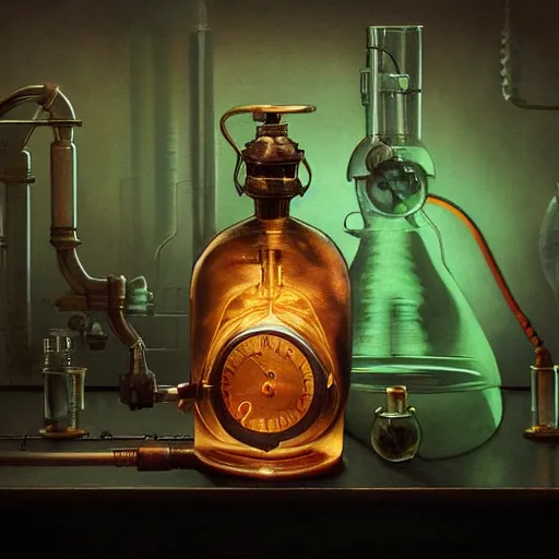 Prompt: a painting of a complex steampunk neon emissive potion bottle on a counter in a dark dusty vintage science lab, by h. r. giger, hyperrealistic fantasy art, concept matte, ethereal, dreamy, digital art, trending on artstation, volumetric cinematic lighting