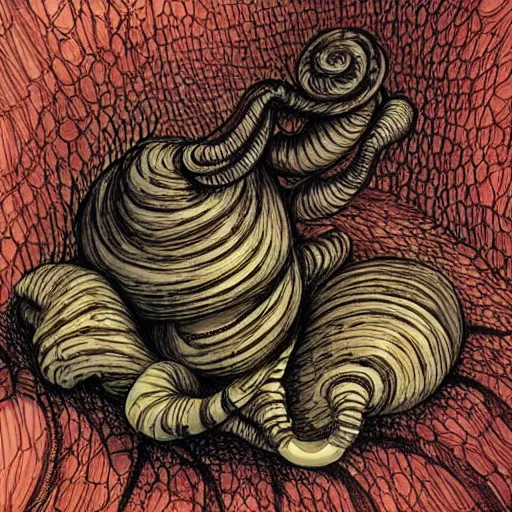 Prompt: intricate snails entwined in horrible agency and agony in the deepest dungeons of hell, by Junji Ito and Dave McKean