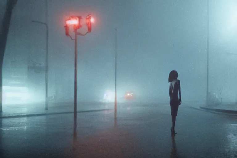 Image similar to vfx beautiful black woman photo real, sci-fi city street night lighting, rain and fog by Emmanuel Lubezki