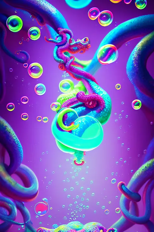 Image similar to neon clouds colorful and bubbles being by tentacles, dmt, psilocybin, lsd, detailed, intricate, elegant, highly detailed, digital painting, artstation, concept art, smooth, sharp focus, illustration, art by hana yata, and artem demura and beeple, octane render, unreal engine, 8 k