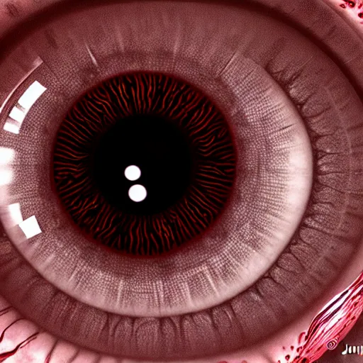 Image similar to a detailed extremely close up of inside the iris, cornea, red image, microscopic, extremely close up drawing by junji ito, cgsociety, generative art, lovecraftian, parallax, cosmic horror, extremely detailed, hyperrealism, unreal engine, octane render, award winning, masterpiece, highly detailed, realistic, 4 k, digital