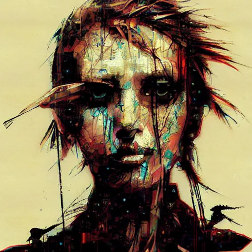 Image similar to portrait of a digital bird on the shoulder of a womain progressively rasterized into pixels, by yoji shinkawa, esao andrews and dave mckean