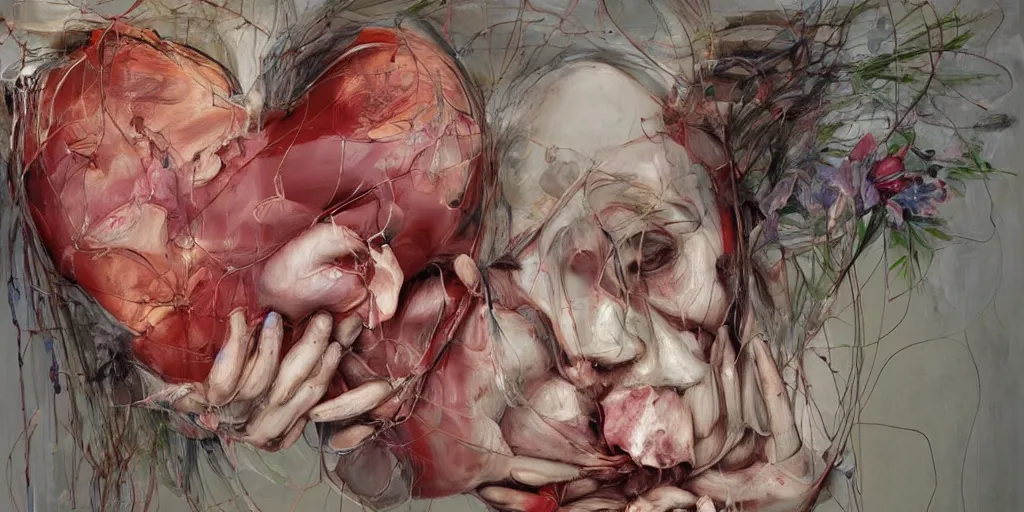 Image similar to a real heart with flowers, inside a screen. Glitchy. By jenny saville