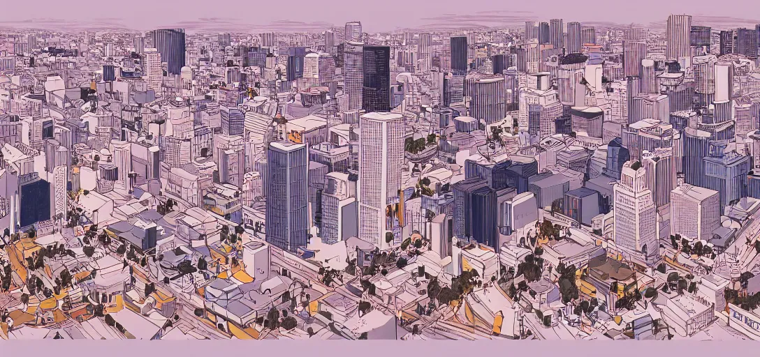 Image similar to visual development for los angeles cityscape skyline by lou romano and dice tsutsumi