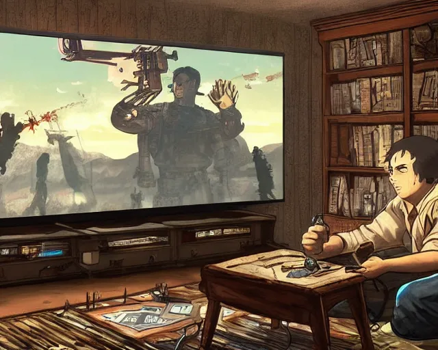 Prompt: a beautiful illustration of my friend mark kidd, playing fallout new vegas on the xbox 3 6 0 in his living room. the tv is the only light source, in the style of studio ghibli, artwork by studio ghibli, cinematic composition, anime