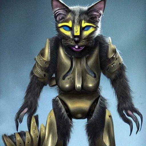 Image similar to a humanoid with cat-like features, yellow eyes, teeth that protrude past the lower lip and fine grayish fur on their faces and backs of their hands wearing futuristic alien armor and carrying weapons, octane,