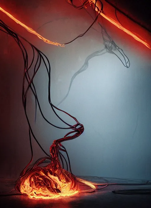 Prompt: rgb wires, fire, rage, cinematic, movie scene, inspired by zdzislaw beksinski, clothes made out of veins,, cables everywhere, bedroom, ultra realistic, concept art, intricate details, highly detailed, photorealistic, octane render, 8 k