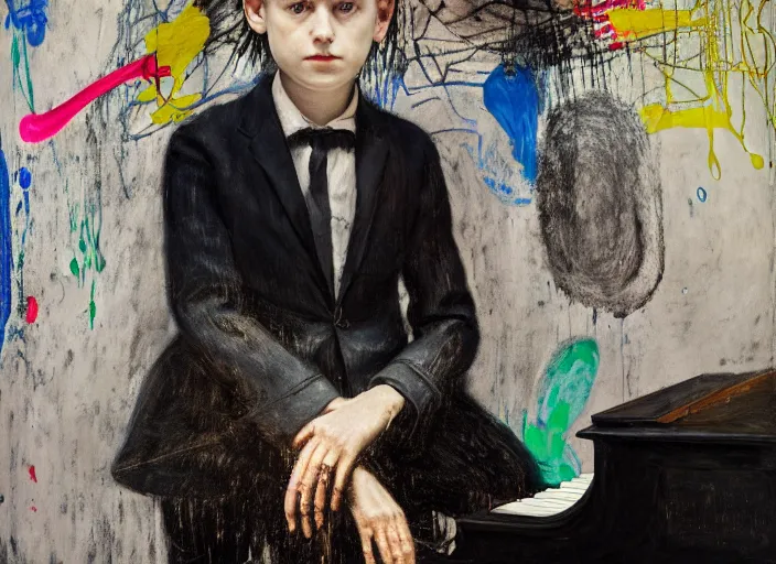 Image similar to portrait of a child piano player in suit waiting, vincent lefevre and hernan bas and pat steir and hilma af klint, psychological, photorealistic, dripping paint, washy brush, rendered in octane, altermodern, masterpiece