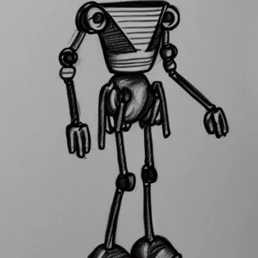 Image similar to pencil sketch of a skinny outdated awkward robot with joints that creak and a triangular head with 2 antenna