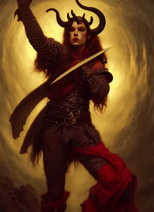 Image similar to tiefling bard, full body, hyper realistic, extremely detailed, dnd character art portrait, dark fantasy art, intricate fantasy painting, dramatic lighting, vivid colors, deviantart, artstation, by edgar maxence and caravaggio and michael whelan.