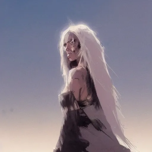 Prompt: a woman with long white hair stands in the desert, dramatic lighting, illustration by greg rutkowski, yoji shinkawa, 4 k, digital art, concept art, trending on artstation