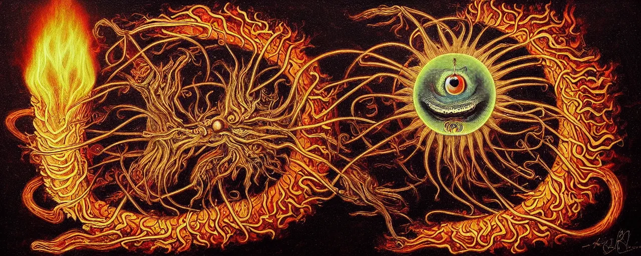 Image similar to a strange fire creature with endearing eyes radiates a unique canto'as above so below'while being ignited by the spirit of haeckel and robert fludd, breakthrough is iminent, glory be to the magic within, in honor of saturn, painted by ronny khalil