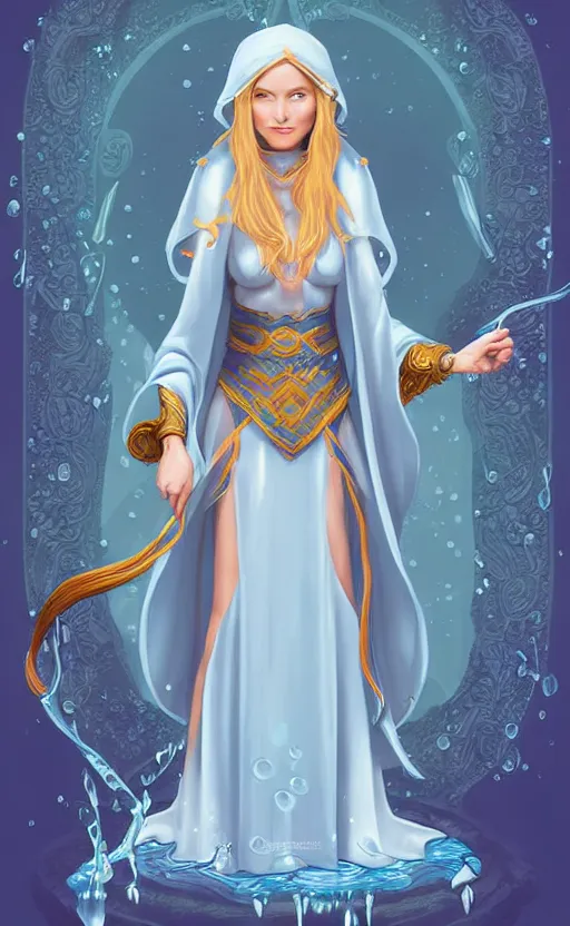 Image similar to elf female sorcerer doing water magic spells, blue robes, exquisite details, full body character design on a white background, by studio muti