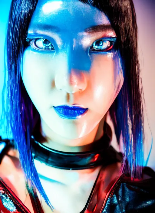 Image similar to a close-up risograph long shot of cyberpunk japanese model girl with black eyes and visible face wearing latex catsuit and lots of transparent and cellophane accessories, blue hour, twilight, cool, portrait, soft red lights, Kodachrome, ISO1200,
