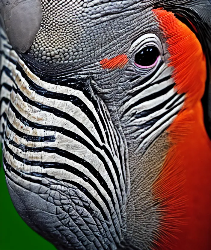 Prompt: a high resolution realistic close up photo portrait of a rhino birdlike creature made of birds merged kangaroo, ork bower bird creature wrinkles pheasant, complex feathers exotic morphing hoopoe, zebra morphing wings king vulture head