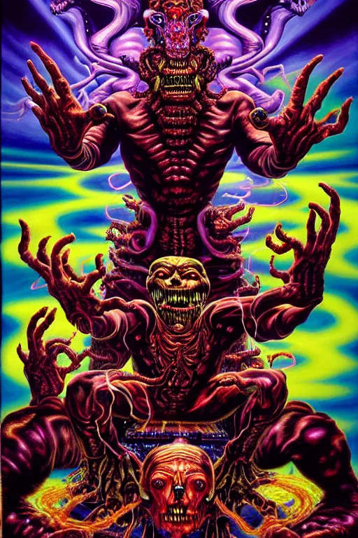 Prompt: a hyperrealistic painting of an epic boss fight against an ornate supreme telekinetic psychic dark overlord, cinematic horror by chris cunningham, lisa frank, richard corben, highly detailed, vivid color,