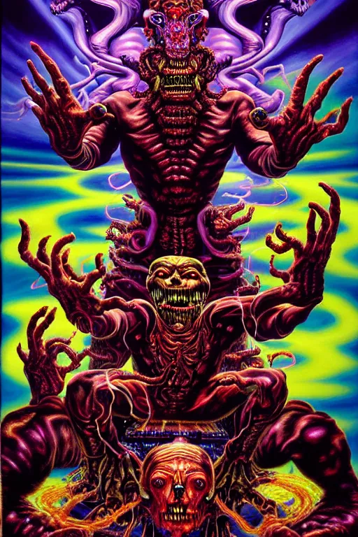 Image similar to a hyperrealistic painting of an epic boss fight against an ornate supreme telekinetic psychic dark overlord, cinematic horror by chris cunningham, lisa frank, richard corben, highly detailed, vivid color,