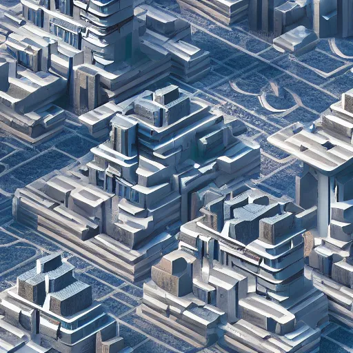 Image similar to an aerial view of a futuristic city in the mountains, a detailed matte painting by ricardo bofill, behance contest winner, generative art, isometric, greeble, terragen