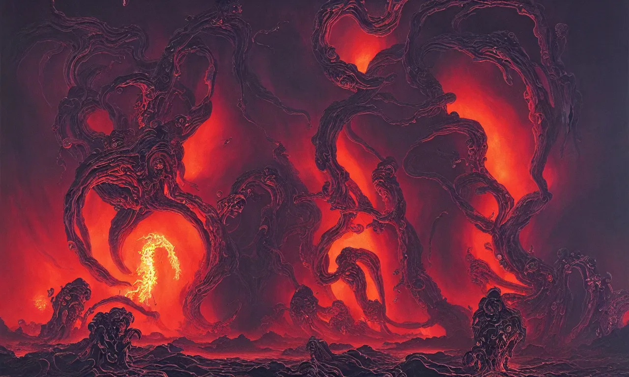 Image similar to painting by wayne barlowe. the swirling portal in the ocean erupts violently with fire and brimstone with hellacious abominations flying out of the portal in droves. photorealistic. intricate details. 3 5 mm photograph. dramatic lighting. action shot. absolute focus. masterpiece.