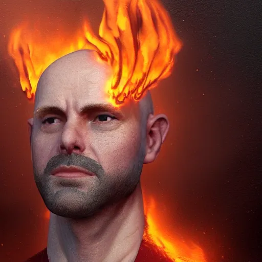 Image similar to an artstation trending portrait painting of a bald english man standing in front of a building on fire, octane render