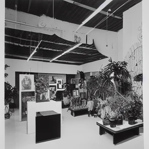 Image similar to A black and white photo in sérigraphie of an exhibition space with works of Sun Ra, Marcel Duchamp and tropical plants - W 1280