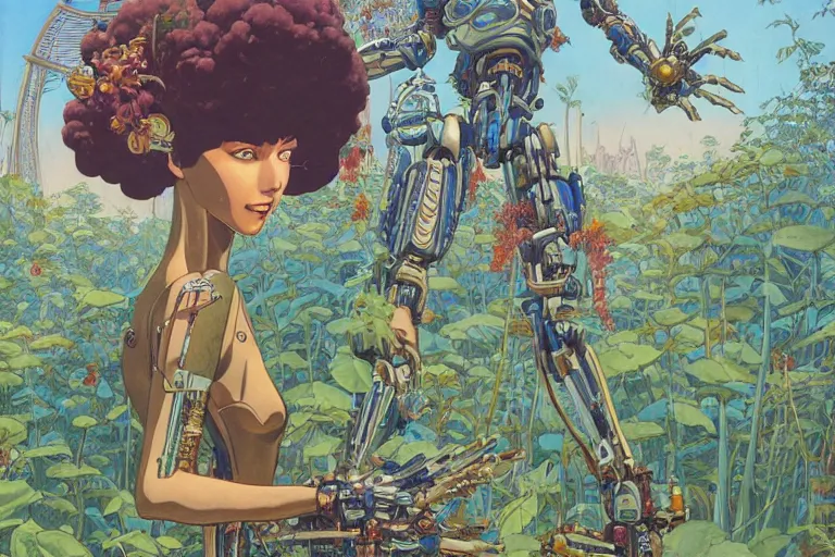 Prompt: most blues, evangelionic illustration, gigantic girl head, a lot of exotic vegetation, trees, tremendous mecha robot, flowers, oldschool vintage sci - fi flat surreal design, super - detailed, oil painting by moebius and satoshi kon, hd, 4 k, high quality