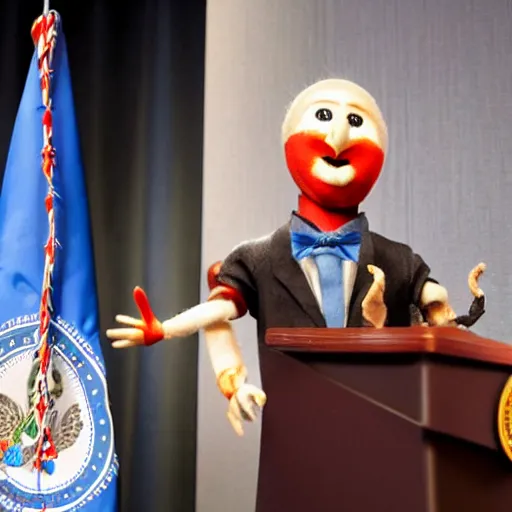 Image similar to president marionette with puppeteer in a podium giving a press conference