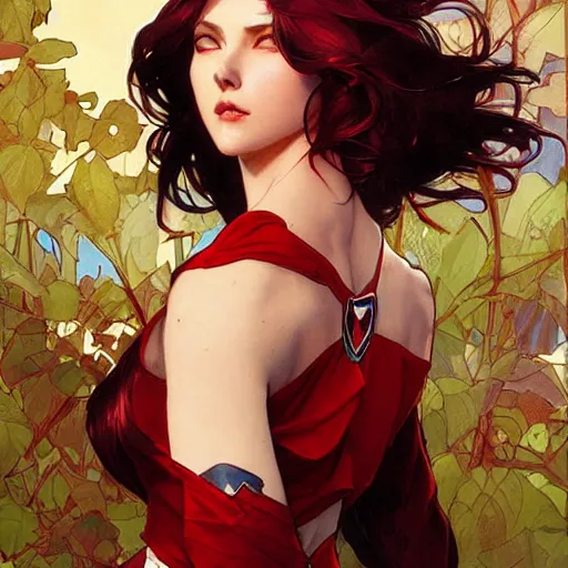 Image similar to a cool red - haired girl. she is dressed as a superhero. clean elegant painting, beautiful detailed face. by artgerm and greg rutkowski and alphonse mucha