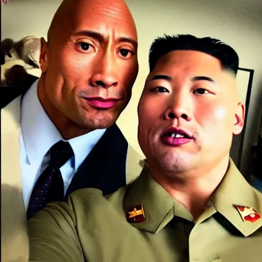 Image similar to dwayne the rock johnson and kim jong - un, selfie, phone photo,