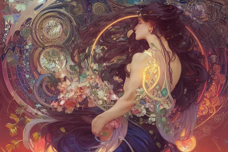 Prompt: a garden of sound, arcs of fiery neon light, swirling mystical particles and musical notes floating, beautiful, intricate, highly detailed concept art by artgerm and greg rutkowski and alphonse mucha