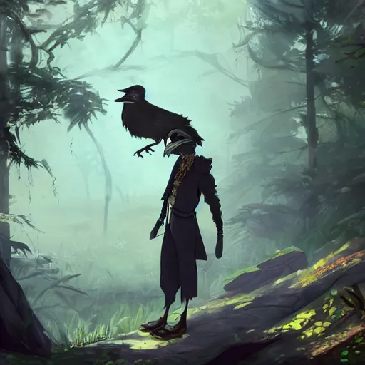 Image similar to concept art painting of an anthropomorphic crow person with steampunk clothes, in the deep forest, realistic, detailed, cel shaded, in the style of makoto shinkai and greg rutkowski and james gurney