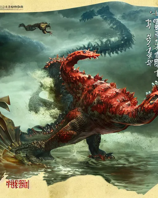 Image similar to Godzilla-like game character giant kaiju sized pond dragon half salamander, wet amphibious skin, red salamander, axolotl creature, koi pond, korean village by Ruan Jia and Gil Elvgren, fullbody