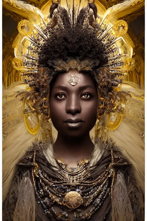 Image similar to a beautiful detailed 3 d matte painting of female dark skinned empress of light, by ellen jewett, tomasz alen kopera and justin gerard | symmetrical features, solemn, realism, intricate, ornate, royally decorated, halo, gilding, gilded, whirling smoke, particles, gold adornments, white splendid fabric, radiant colors, fantasy, trending