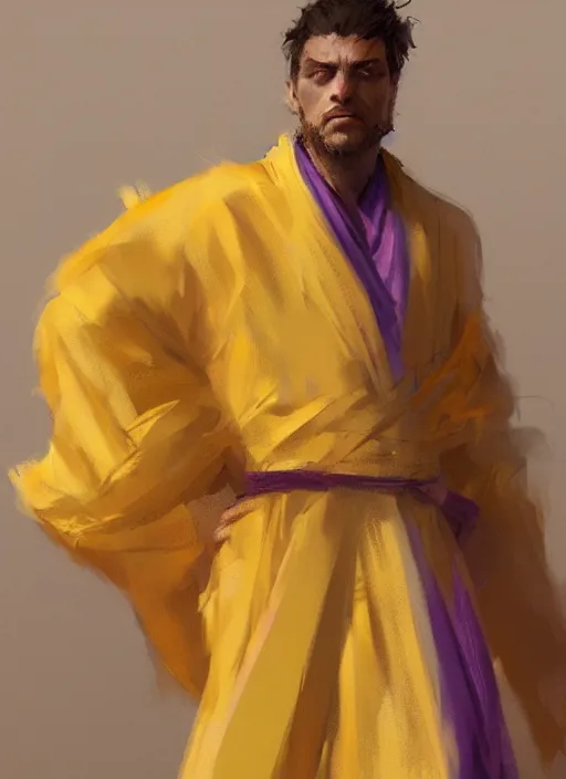 Image similar to concept art of a character wearing a yellow and purple robe by greg rutkowski and artgem, detailed, digital art, trending on artstation, hyper - realistic