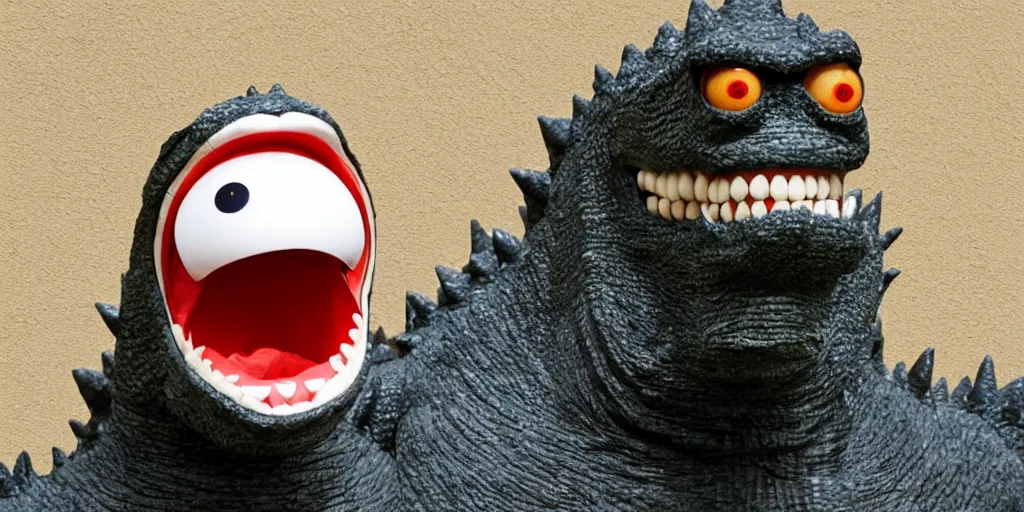 Image similar to photo of a scary yet goofy looking godzilla with googly eyes and human teeth smiling